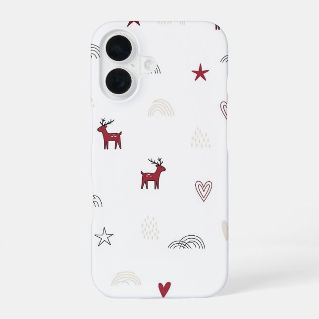 Minimal Cute Reindeer Christmas Pattern iPhone 16 Case (Back)
