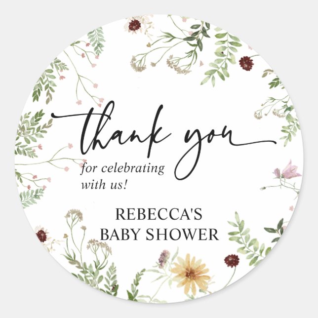 Minimal Cute Wildflowers Baby Shower Thank You Classic Round Sticker (Front)