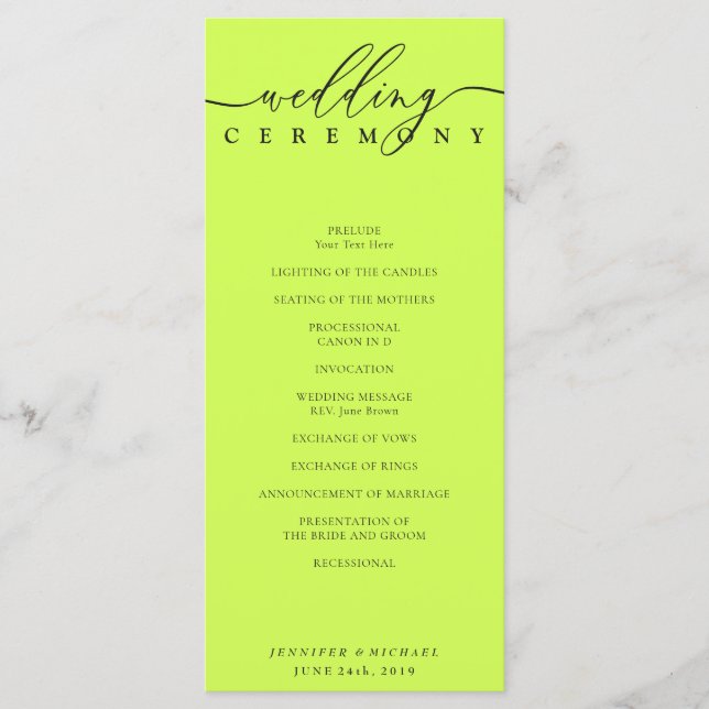 Minimal Cyber Lime Jet Black Wedding Ceremony Program (Front)