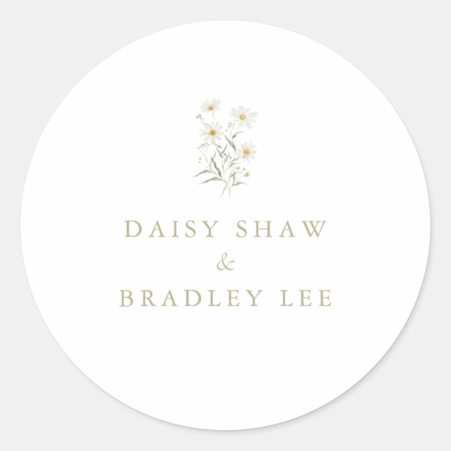 Minimal Daisy Floral Watercolor Wedding Classic Round Sticker (Front)