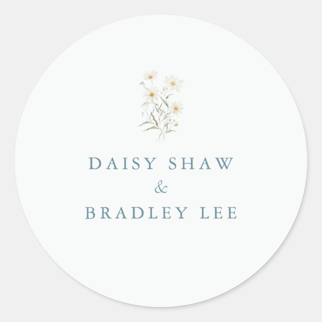 Minimal Daisy Floral Watercolor Wedding Classic Round Sticker (Front)