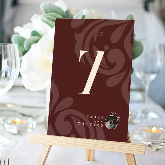 Minimal Damask Mahogany Photo Table Number Card (Creator Uploaded)