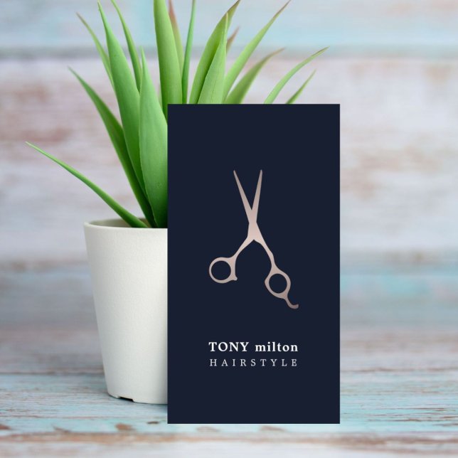 Minimal Dark Blue Faux Metal Scissors Hair Business Card (Creator Uploaded)