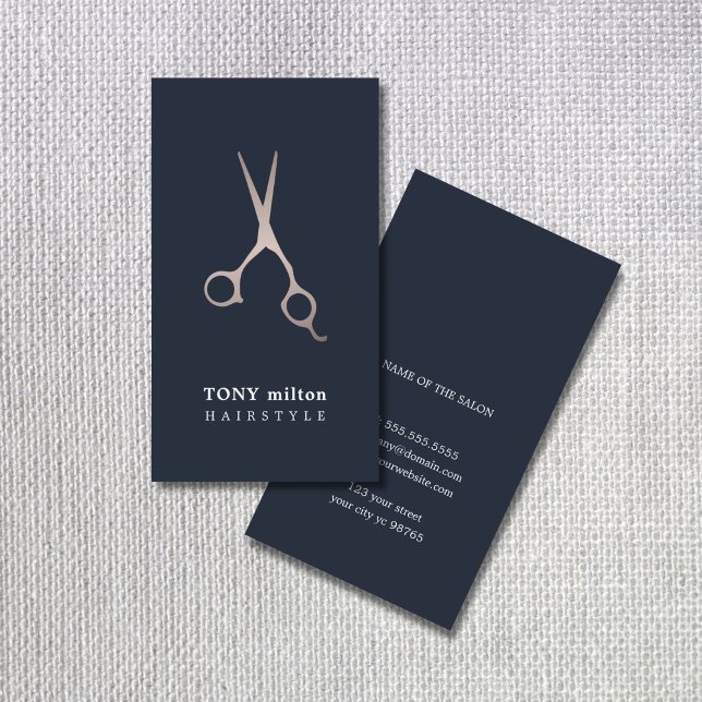 Minimal Dark Blue Faux Metal Scissors hair Business Card (Creator Uploaded)