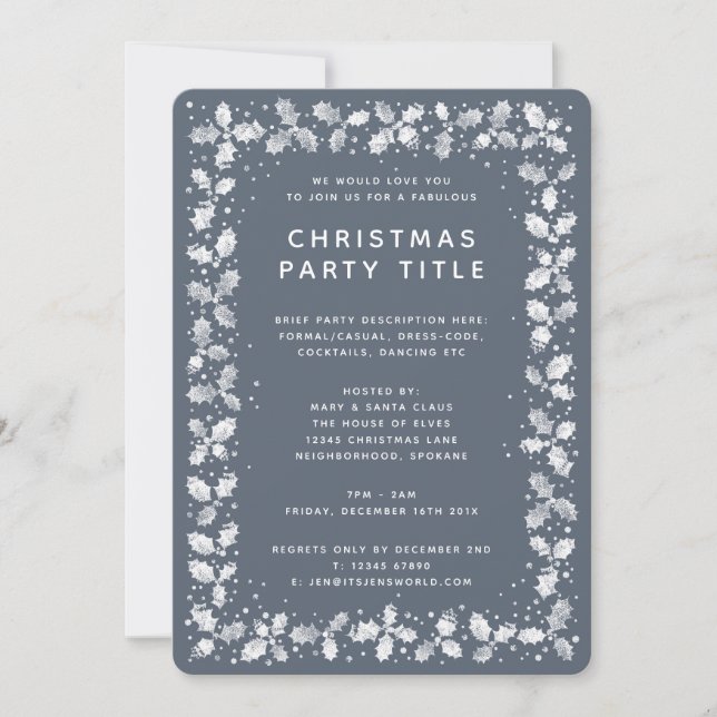 Minimal Dark Blue Grey Holly Christmas Party Invitation (Front)