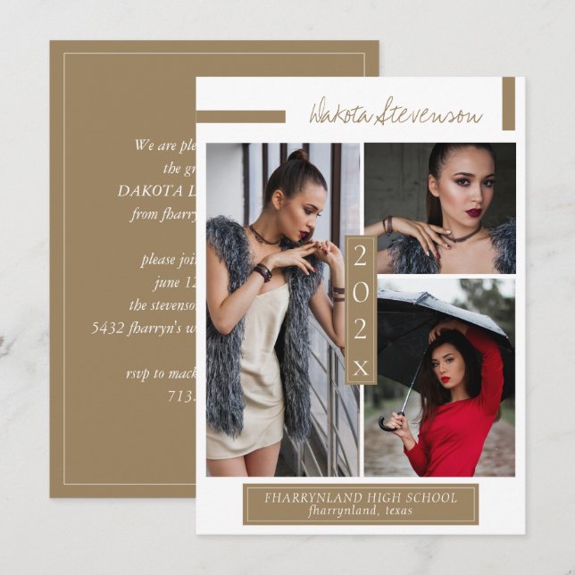Minimal Dark Gold and White Graduation Photo Invitation (Front/Back)