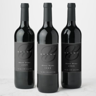 Minimal Dark Grey Black Elegant Monogram Company Wine Label
