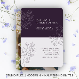 Minimal Dark Purple Foliage Outline Photo Wedding Invitation