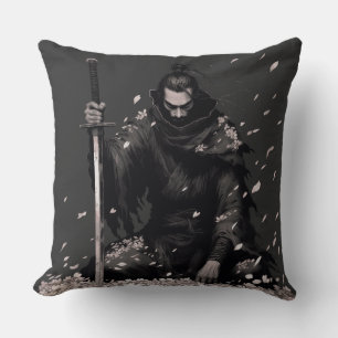 Minimal Dark Samurai Warrior with Sakura Petals Ja Cushion