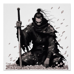 Minimal Dark Samurai Warrior with Sakura Petals Ja Poster