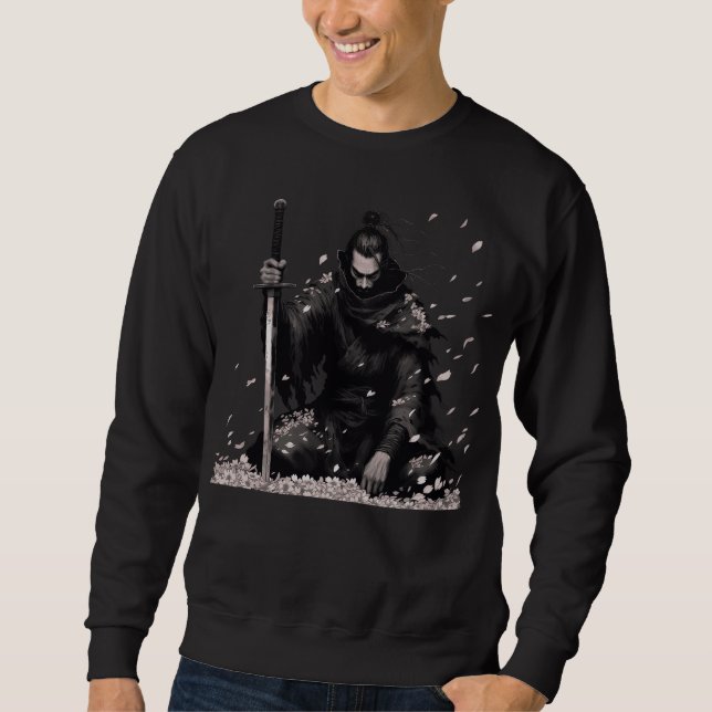 Minimal Dark Samurai Warrior with Sakura Petals Ja Sweatshirt (Front)
