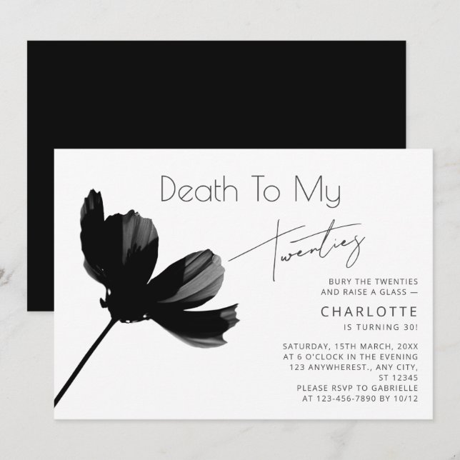 Minimal "Death to My 20s" Black 30th Birthday Invitation (Front/Back)