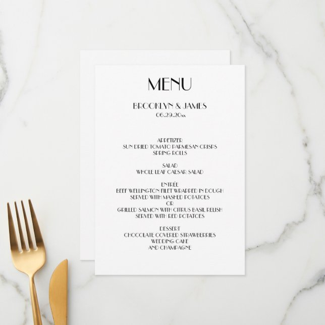 Minimal Deco White Wedding Menu Card (Front/Back In Situ)