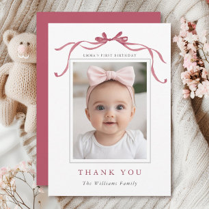 Minimal Deep Blush Pink Bow Birthday Photo  Thank You Card