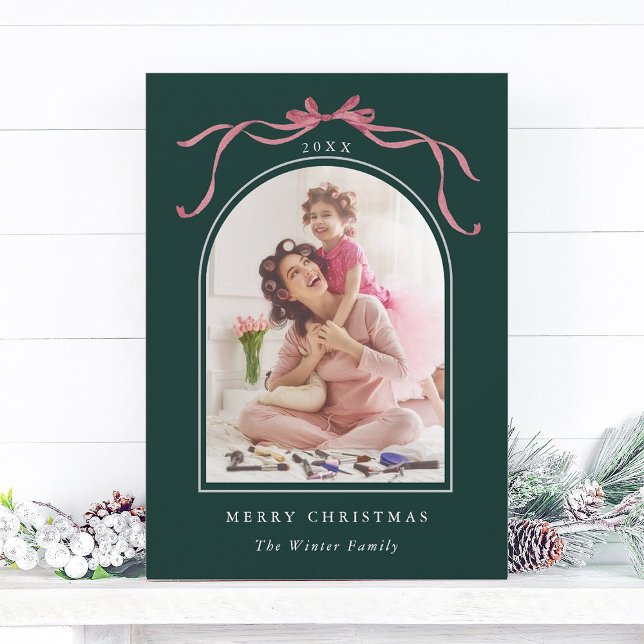 Minimal Deep Blush Pink Bow Christmas Photo Green Holiday Card (Creator Uploaded)
