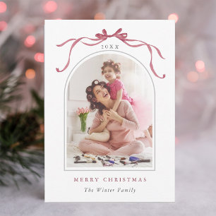 Minimal Deep Blush Pink Bow Merry Christmas Photo Holiday Card