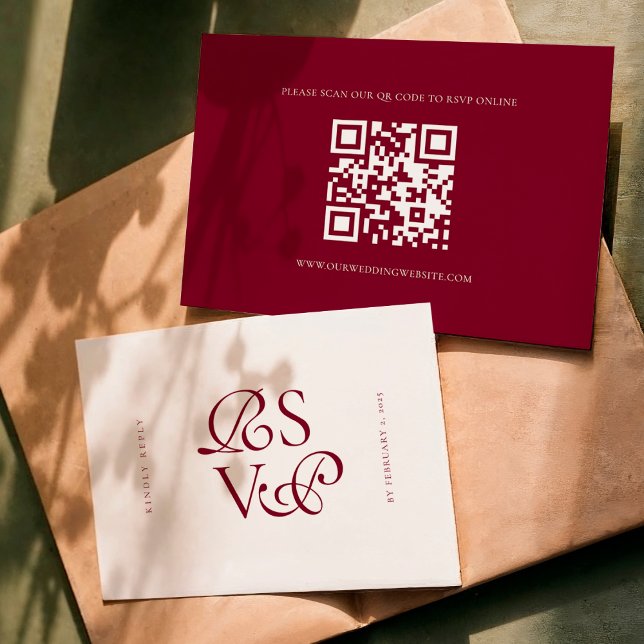 Minimal Deep Burgundy Script Qr Code Wedding RSVP Card (Creator Uploaded)
