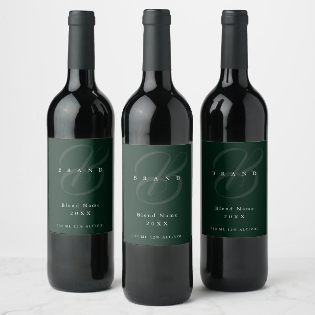 Minimal Deep Forest Green Elegant Monogram Company Wine Label (Bottles)
