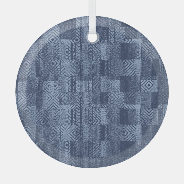 Minimal Denim Abstract Memphis Patchwork Glass Tree Decoration (Front)