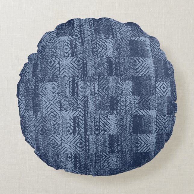 Minimal Denim Abstract Memphis Patchwork Round Cushion (Front)