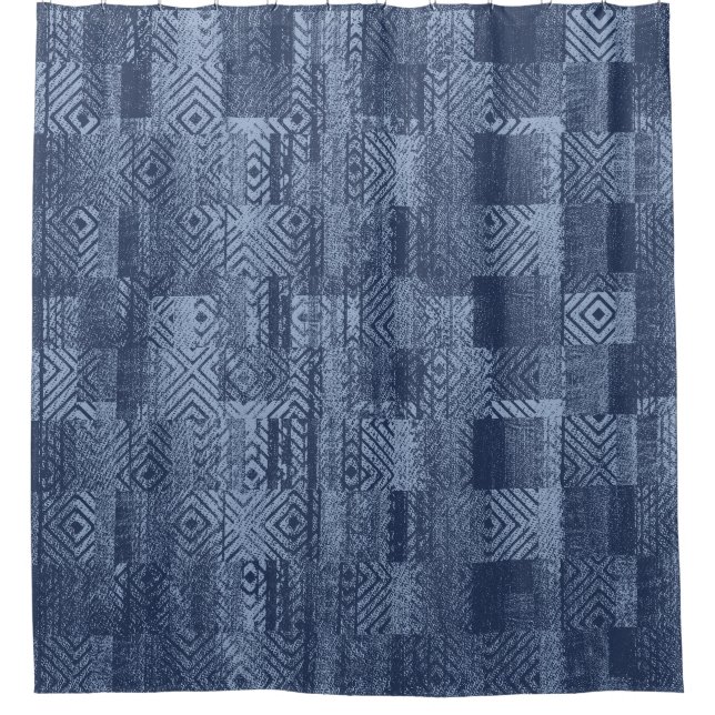 Minimal Denim Abstract Memphis Patchwork Shower Curtain (Front)