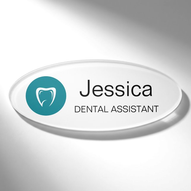 Minimal Dental Assistant Name Badge Tooth Logo (Front)