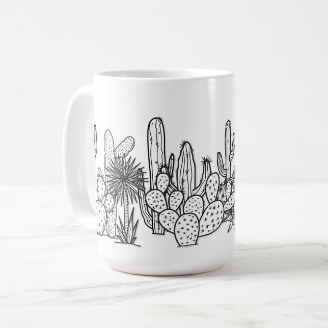 Minimal Desert – Black Ink Botanical Coffee Mug (Front Left)