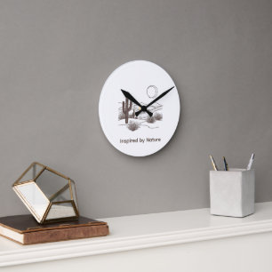 Minimal Desert Line Art – Modern Boho Cactus Lands Round Clock