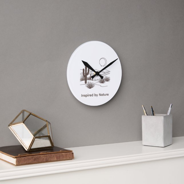 Minimal Desert Line Art – Modern Boho Cactus Lands Round Clock (Office)