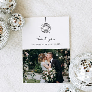 Minimal Disco Ball   Photo Black and White Wedding Thank You Card