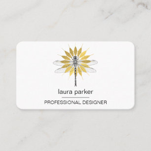 Minimal Dragonfly Professional White Gold Floral Business Card