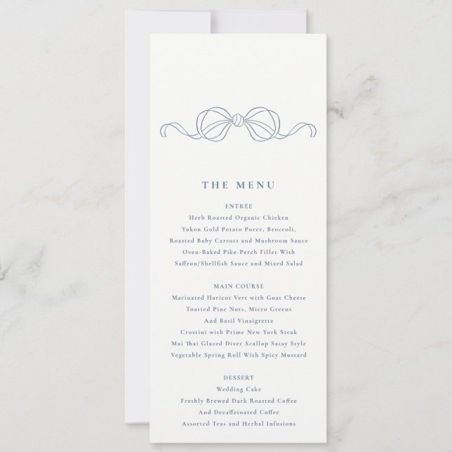 Minimal Dusky Blue Coquette Bow Wedding Menu Invitation (Front)