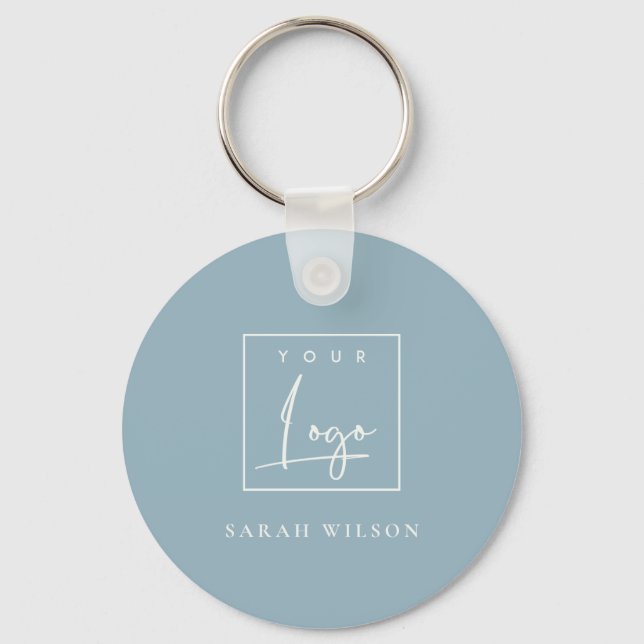 Minimal Dusky Blue Custom Promotion Business Logo Key Ring (Front)