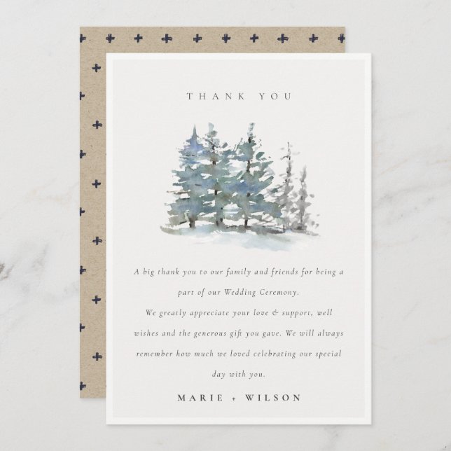 Minimal Dusky Green Blue Pine Tree Woods Wedding  Thank You Card (Front/Back)