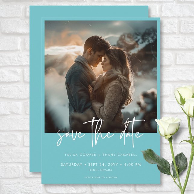 Minimal Dusty Aqua Teal Modern Photo Wedding Save The Date (Minimal Dusty Aqua Teal Modern Photo Wedding Save The Date)