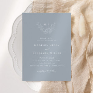 Minimal Dusty Blue Botanical Monogram Wedding Invitation