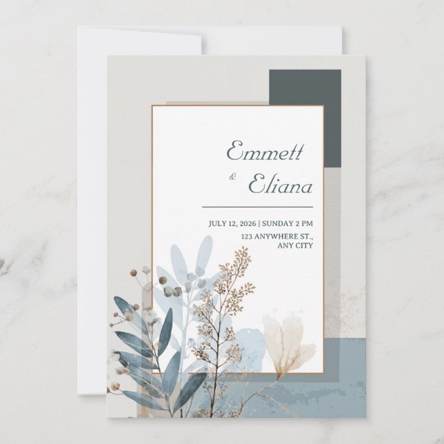 Minimal Dusty Blue Copper Frame Botanical Wedding Invitation (Front)