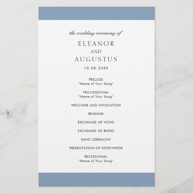 Minimal Dusty Blue Elegant Budget Wedding Program Flyer (Front)