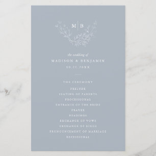 Minimal Dusty Blue Formal Monogram Wedding Program