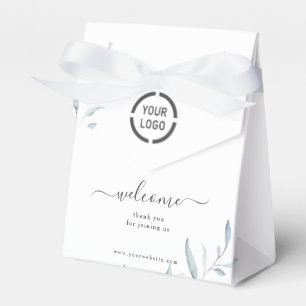 Minimal dusty blue greenery business logo welcome favour box
