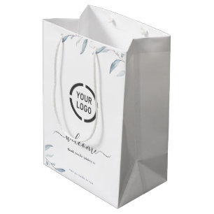 Minimal dusty blue greenery business logo welcome medium gift bag