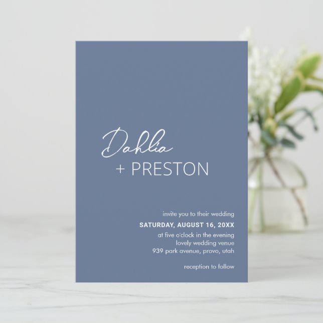 Minimal Dusty Blue Modern Wedding Invitation (Standing Front)
