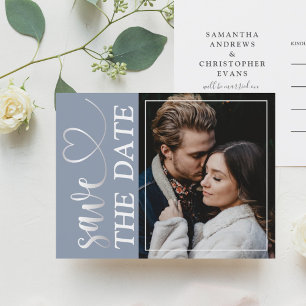 Minimal Dusty Blue Photo & Heart Save the Date An Announcement Postcard