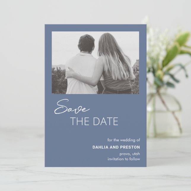 Minimal Dusty Blue Photo Modern Wedding Save The Date (Standing Front)