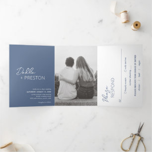 Minimal Dusty Blue Photo Modern Wedding Tri-Fold Invitation