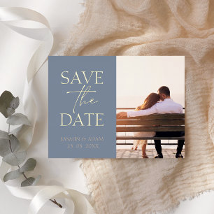 Minimal Dusty Blue Photo Wedding Save the Date Foil Holiday Postcard