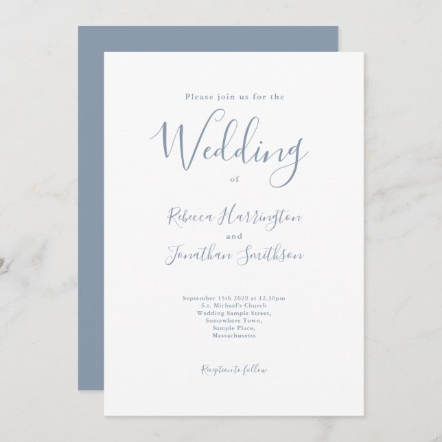 Minimal Dusty Blue Script Wedding Invitation (Front/Back)