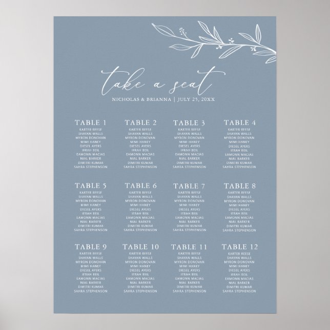 Minimal Dusty Blue Wedding 12 Table Seating Chart (Front)