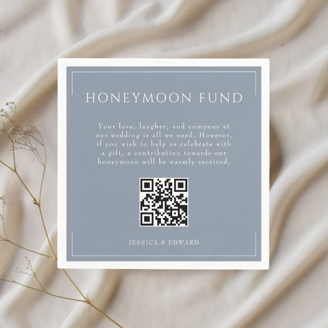 Minimal Dusty Blue Wedding Honeymoon Fund QR Code Napkin (Creator Uploaded)