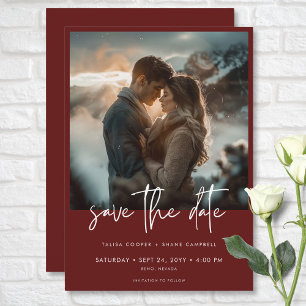 Minimal Dusty Burgundy Wine Modern Photo Wedding Save The Date
